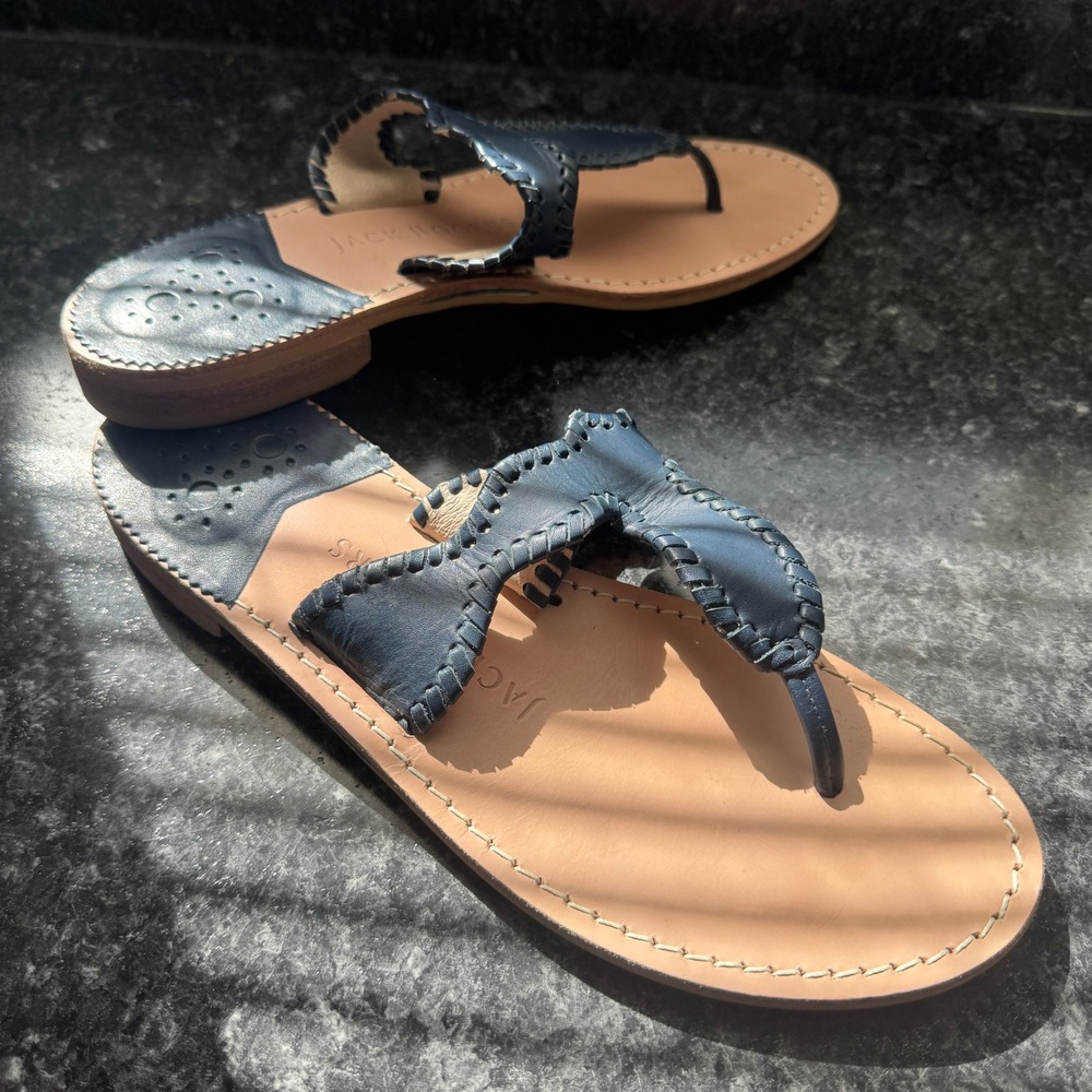 Jack Rogers Jacks Flat Sandals Navy Blue Leather Whipstitch Thong 9M Classic - Picture 3 of 8